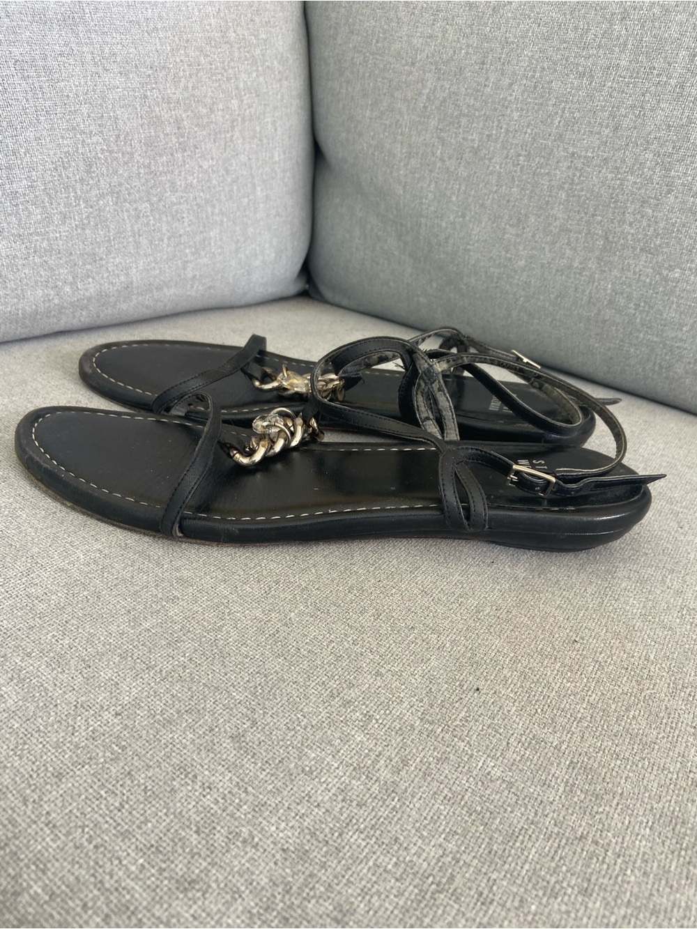 Stuart Weitzman Black Leather Chain-Accent Sandals - Picture 6 of 7